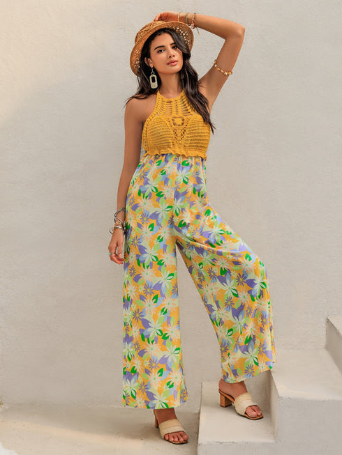 Openwork Halter Neck Floral Wide Leg Jumpsuit - Odaingerous